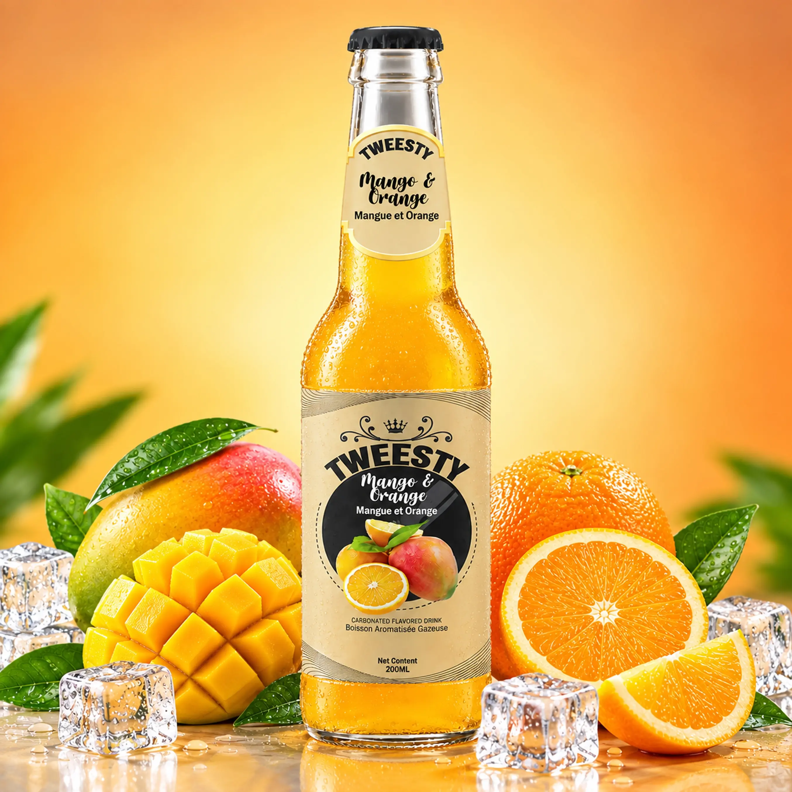 TWEESTY Mango Orange carbonated flavoured drink 200ml glass bottle with mango, orange and ice